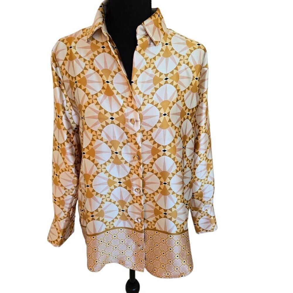 House of Harlow 1960 Womens Geometric Button Down Shirt Tan White Size XS